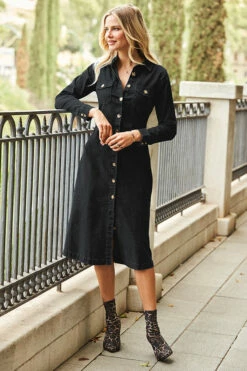 Black Denim Button Front Midi Dress 10 Black Denim Button Front Midi Dress -SOSANDAR Sales web 18 a21dd001 057 black rt