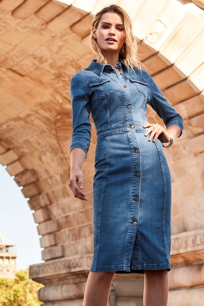 Blue Popper Front Pencil Denim Dress 4 Blue Popper Front Pencil Denim Dress - Image 2