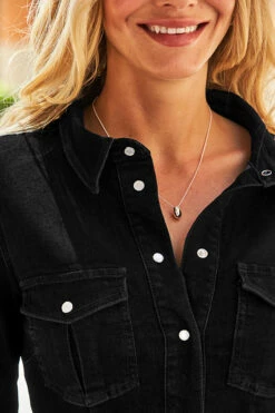 Black Popper Front Denim Shirt Dress -SOSANDAR Sales web 19 a21dd002 130 rt