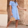 Light Wash Short Sleeve Zip Front Denim Dress With Pockets -SOSANDAR Sales web 2020 03 11 sosandar malta shot 14 05924