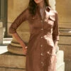 Tan Leather Popper Front Dress -SOSANDAR Sales web 20 a21dl003 004 tan rt 1