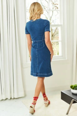 Indigo Blue Short Sleeve Round Neck Zip Front Denim Dress -SOSANDAR Sales web 210302 sosandar hatfield 17 s21dd035in 06228