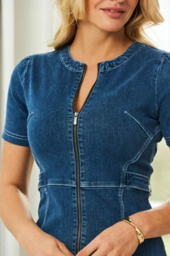Indigo Blue Short Sleeve Round Neck Zip Front Denim Dress -SOSANDAR Sales web 210302 sosandar hatfield 17 s21dd035in 07630