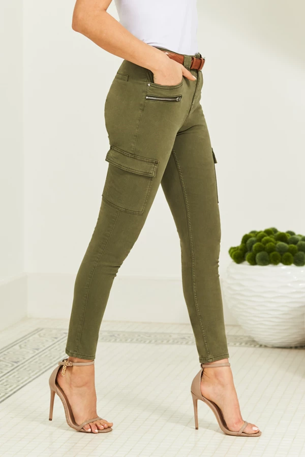 Khaki Green Zip Detail Cargo Skinny Jeans 4 Khaki Green Zip Detail Cargo Skinny Jeans - Image 2