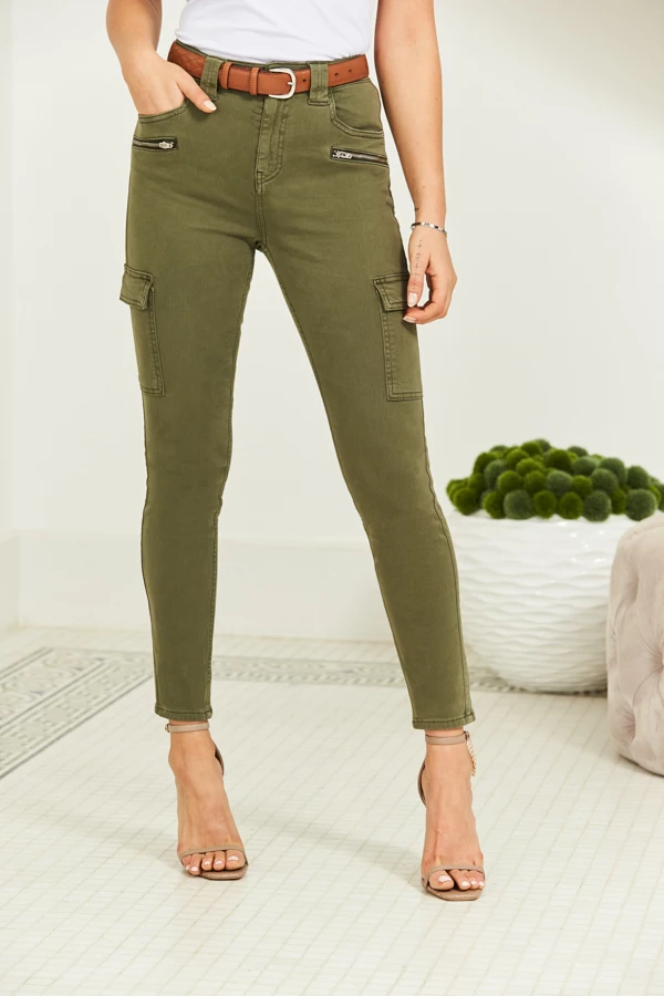 Khaki Green Zip Detail Cargo Skinny Jeans 5 Khaki Green Zip Detail Cargo Skinny Jeans - Image 3