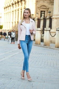 Soft Pink Leather Biker Jacket -SOSANDAR Sales web 220401 sosandar day554956