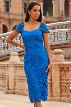 Cobalt Blue Luxe Lace Detail Pencil Dress