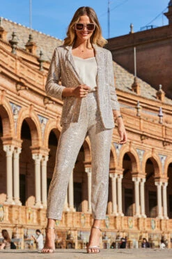 Champagne Gold Sequin Tapered Trousers -SOSANDAR Sales web 2303 16 a22bw014cm0003 16 0163