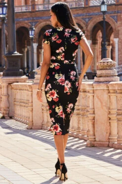 Black Floral Print Faux Wrap Midi Jersey Dress -SOSANDAR Sales web 2303 21 s23dj138bkfl01 21 0325