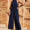 Navy Blue & Gold Spot Print Halter Neck Jumpsuit -SOSANDAR Sales web 2303 27 s23jw024nasp01 27 0041 1
