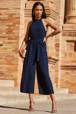 Navy Blue & Gold Spot Print Halter Neck Jumpsuit