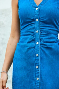 Mid Blue Sleeveless Button Front Ruched Waist Denim Dress 12 Mid Blue Sleeveless Button Front Ruched Waist Denim Dress -SOSANDAR Sales web 2305 49 s23d049be0010 49 118