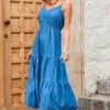 Mid Blue Denim Tiered Midi Dress