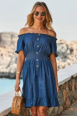 Dark Indigo Shirred Waist Bardot Denim Dress 14 Dark Indigo Shirred Waist Bardot Denim Dress -SOSANDAR Sales web 2305 66 s23dd061io003w 66 reshoot 170