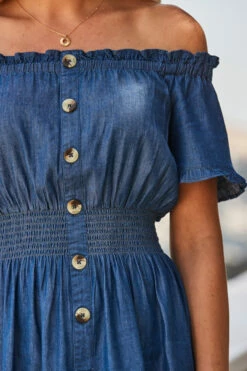 Dark Indigo Shirred Waist Bardot Denim Dress 13 Dark Indigo Shirred Waist Bardot Denim Dress -SOSANDAR Sales web 2305 66 s23dd061io003w 66 reshoot 294