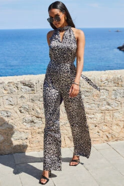 Natural Animal Print Satin High Neck Keyhole Detail Jumpsuit