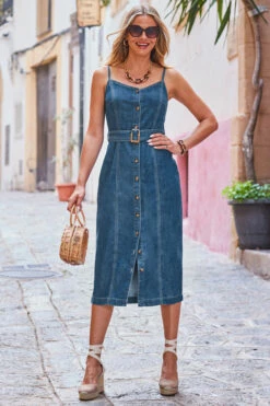 Dark Indigo Button Front Buckle Detail Denim Midi Dress -SOSANDAR Sales web 2306 95 s23dd051in0007 95 2 021 rt
