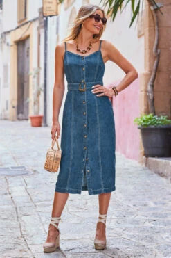 Dark Indigo Button Front Buckle Detail Denim Midi Dress -SOSANDAR Sales web 2306 95 s23dd051in0007 95 2 023 rt