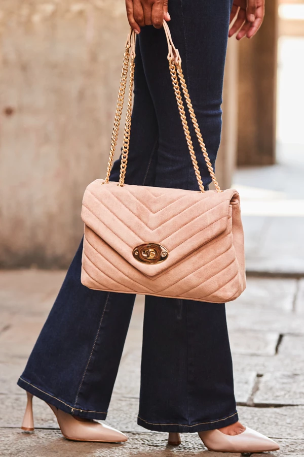 Taupe Faux Suede Quilted Clasp Detail Cross Body Bag 3 Taupe Faux Suede Quilted Clasp Detail Cross Body Bag