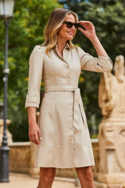 Ecru Faux Leather Fit & Flare Popper Front Shirt Dress -SOSANDAR Sales web 2307 105 a23dp013eu0001 105 120