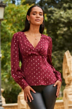 Burgundy & Gold Metallic Spot Print Satin Top -SOSANDAR Sales web 2307 111 a23tw014rd0004 111 024