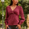 Burgundy & Gold Metallic Spot Print Satin Top 2 Burgundy & Gold Metallic Spot Print Satin Top -SOSANDAR Sales web 2307 111 a23tw014rd0004 111 032