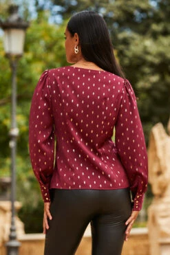 Burgundy & Gold Metallic Spot Print Satin Top -SOSANDAR Sales web 2307 111 a23tw014rd0004 111 112