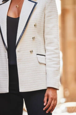 Ivory Boucle Blazer With Faux Leather Trim -SOSANDAR Sales web 2307 19 s23ow080iv0001 s23bd012bk0001 19 219