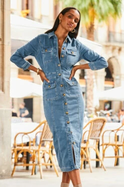 Mid Blue Pocket Detail Denim Pencil Dress -SOSANDAR Sales web 2307 23 s23dd066be0010 23 129