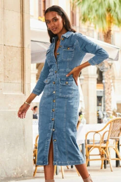 Mid Blue Pocket Detail Denim Pencil Dress -SOSANDAR Sales web 2307 23 s23dd066be0010 23 196