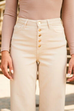 Ecru Button Front Wide Leg Jeans -SOSANDAR Sales web 2307 35 s23bd054nl0001 s23tj169bn0024 35 313