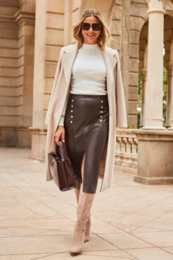 Chocolate Brown Faux Leather Pencil Skirt With Gold Buttons 13 Chocolate Brown Faux Leather Pencil Skirt With Gold Buttons -SOSANDAR Sales web 2307 63 a23sp001pt0004 a23tk219nl0001 a23ow053nl0003 63 017