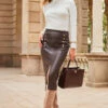 Chocolate Brown Faux Leather Pencil Skirt With Gold Buttons -SOSANDAR Sales web 2307 63 a23sp001pt0004 a23tk219nl0001 a23ow053nl0003 63 088 2
