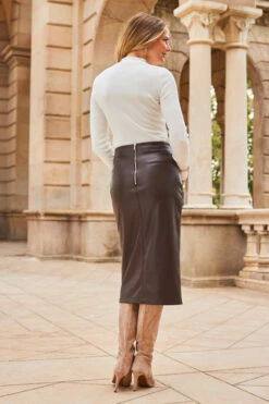 Chocolate Brown Faux Leather Pencil Skirt With Gold Buttons 12 Chocolate Brown Faux Leather Pencil Skirt With Gold Buttons -SOSANDAR Sales web 2307 63 a23sp001pt0004 a23tk219nl0001 a23ow053nl0003 63 133