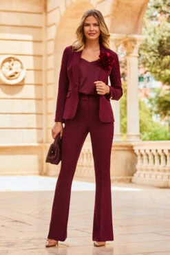 Wine Button Detail Kick Flare Trousers -SOSANDAR Sales web 2307 64 a23ow031rd00011 a23bw002rd011 s23tw089rd0004 64 040 1