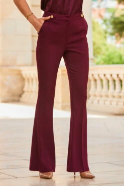 Wine Button Detail Kick Flare Trousers -SOSANDAR Sales web 2307 64 a23ow031rd00011 a23bw002rd011 s23tw089rd0004 64 616