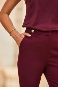 Wine Button Detail Kick Flare Trousers -SOSANDAR Sales web 2307 64 a23ow031rd00011 a23bw002rd011 s23tw089rd0004 64 721