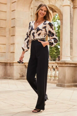 Black & White Chain Print Satin Two Part Wide Leg Jumpsuit -SOSANDAR Sales web 2307 67 s23jw039bkwh01 67 112