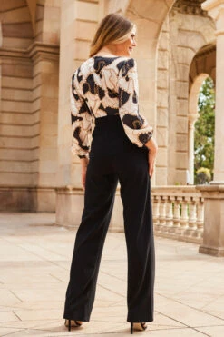 Black & White Chain Print Satin Two Part Wide Leg Jumpsuit -SOSANDAR Sales web 2307 67 s23jw039bkwh01 67 243