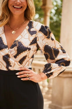 Black & White Chain Print Satin Two Part Wide Leg Jumpsuit -SOSANDAR Sales web 2307 67 s23jw039bkwh01 67 337