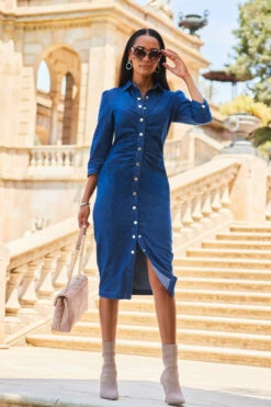 Indigo Blue Ruched Waist Denim Midi Dress -SOSANDAR Sales web 2307 82 s23dd062be0032 82 076 rt
