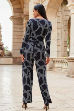 Black Geometric Print Faux Wrap Front Jumpsuit -SOSANDAR Sales web 2307 84 a20jj004bkge01 84 095