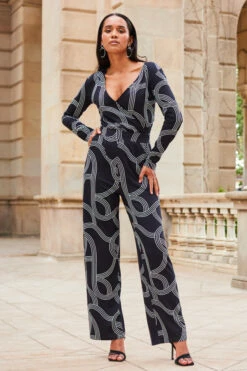 Black Geometric Print Faux Wrap Front Jumpsuit -SOSANDAR Sales web 2307 84 a20jj004bkge01 84 108