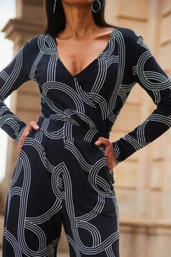 Black Geometric Print Faux Wrap Front Jumpsuit -SOSANDAR Sales web 2307 84 a20jj004bkge01 84 156