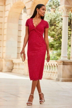 Raspberry Pink Short Sleeve Lace Jersey Dress 10 Raspberry Pink Short Sleeve Lace Jersey Dress -SOSANDAR Sales web 2307 88 s23dj188pk0026 88 059