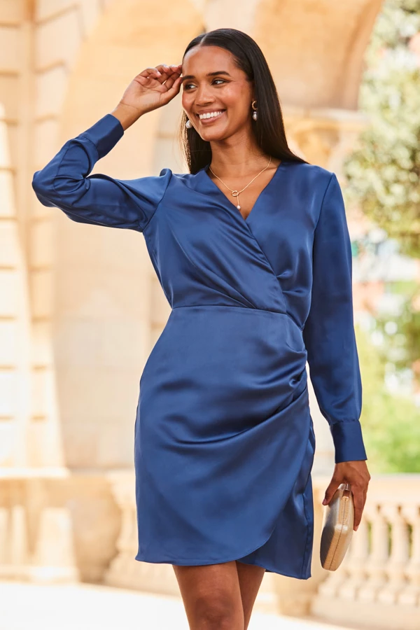 Midnight Blue Satin Wrap Dress 4 Midnight Blue Satin Wrap Dress - Image 2