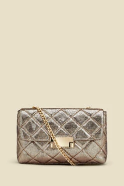 Gold Metallic Diamante Quilted Clasp Detail Cross Body Bag -SOSANDAR Sales web 2307 box a23ac003mc0003 a