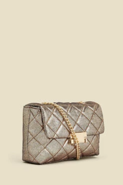 Gold Metallic Diamante Quilted Clasp Detail Cross Body Bag -SOSANDAR Sales web 2307 box a23ac003mc0003 b