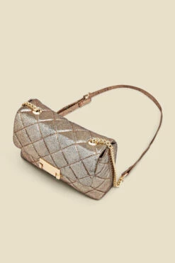 Gold Metallic Diamante Quilted Clasp Detail Cross Body Bag -SOSANDAR Sales web 2307 box a23ac003mc0003 c