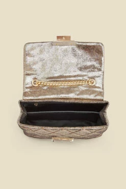 Gold Metallic Diamante Quilted Clasp Detail Cross Body Bag -SOSANDAR Sales web 2307 box a23ac003mc0003 d